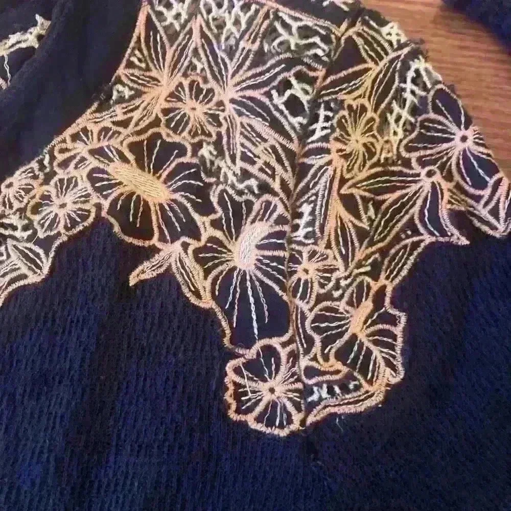 Free People Boho Black Gauze Thermal Embroidered Long Sleeve Top size XS